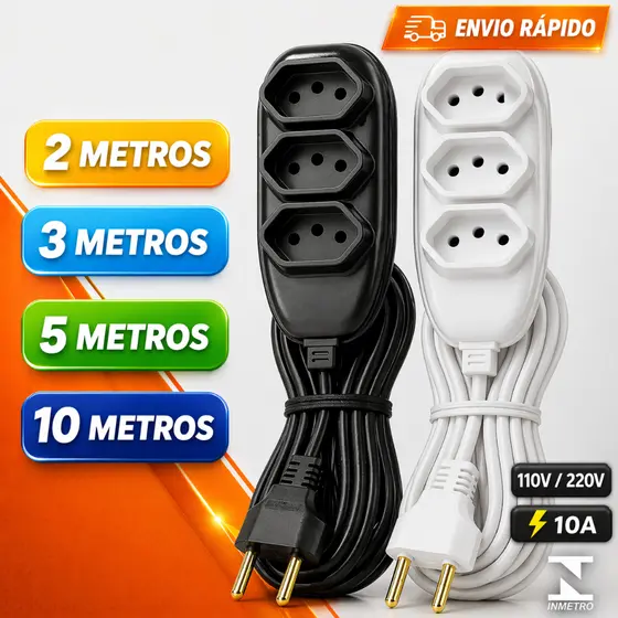 Extensão de Energia 10A Bivolt 110/220V 2m 3m 5m 10m Tripolar Preta Durável