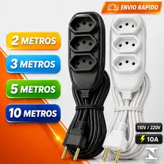Extensão de Energia 10A Bivolt 110/220V 2m 3m 5m 10m Tripolar Preta Durável