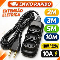 Extensão Elétrica Bivolt com 3 Tomadas 110v 220v Compacta 2 3 5 e 10 Metros