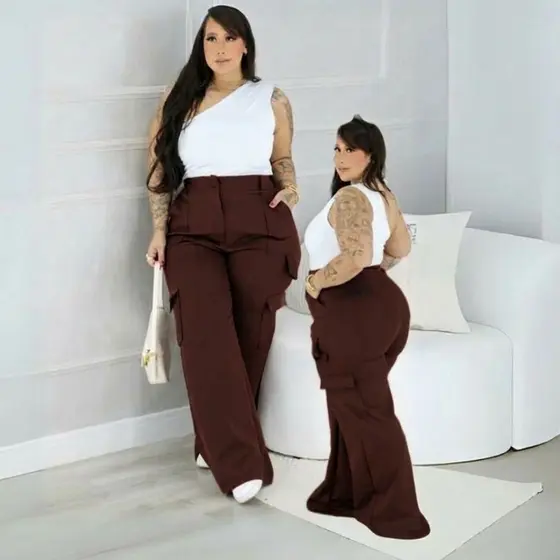 Calça Cargo Plus Size Feminina Moda Gringa – Wide Leg, Cintura Alta