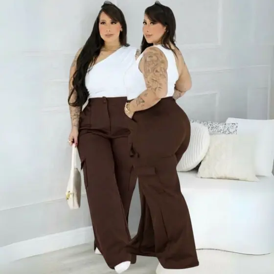 Calça Cargo Plus Size Alfaiataria Wide Leg Cintura Alta Elegante