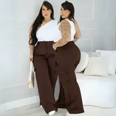 Calça Cargo Plus Size Alfaiataria Wide Leg Cintura Alta Elegante