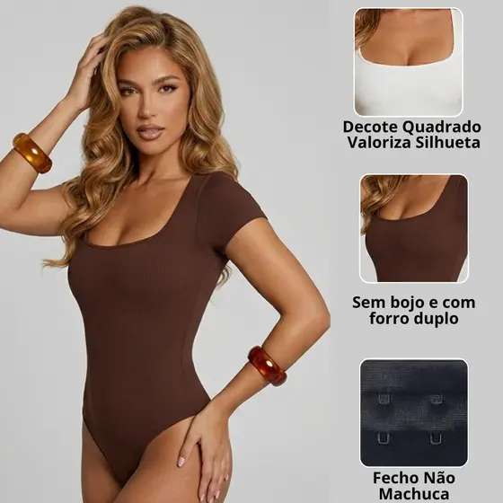 Body Collant Feminino Manga Curta Com Decote Quadrado Tendência Moda Blogueirao Bory Bori