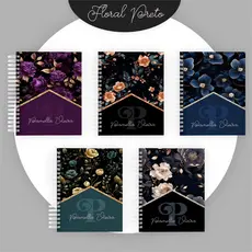 Caderno Floral  Preto Personalizado A5 pautado    200 paginas decoradas