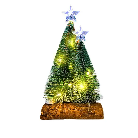 Mini Árvore de Natal Dupla Cedro Brilhante LED Amarelo Base Madeira Altomex ZSS-079