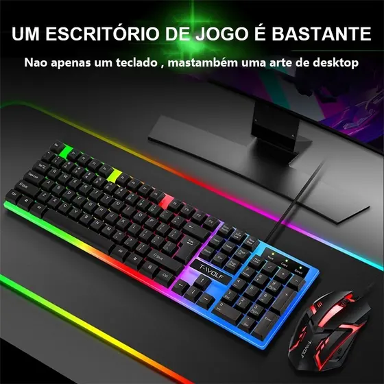 Kit de teclado e mouse gamer de cor preto Com Luz De RGB LED - KAPBOM