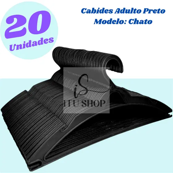 Kit 20 Cabides Preto Modelo Chato Adulto Aproveite Prático