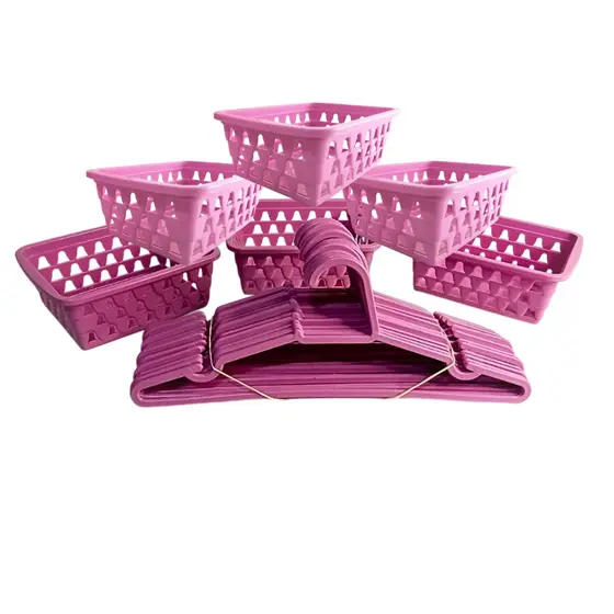 Kit organizador 10 cabides infantil e 6 cestos organizador branco rosa azul