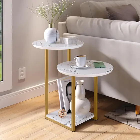 MESA LATERAL DE SOFÁ INDUSTRIAL MARMORIZADO COM 2 TAMPOS E PORTA REVISTA