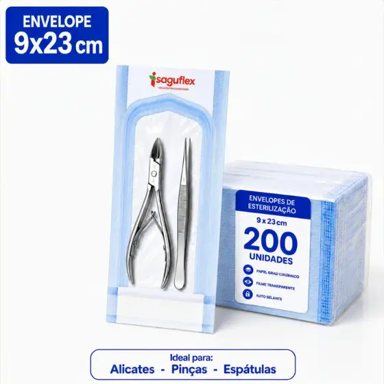 Envelope esterilização autoclave 9x23cm c/200 un autosselante manicure podologia alicate cutícula