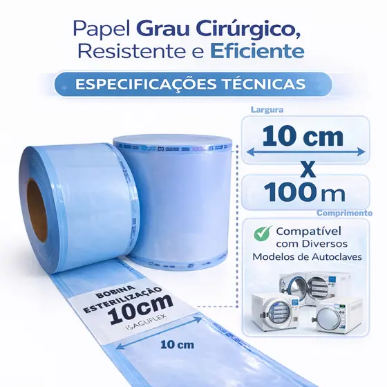 Bobina Grau Cirúrgico Papel para Esterilização AutoClave 10cm manicure dentista