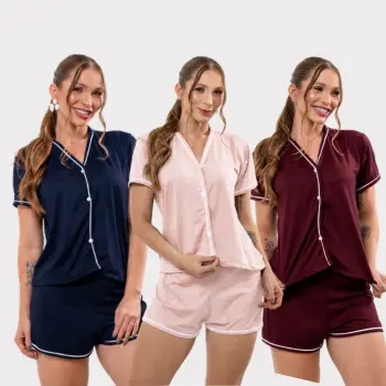 Kit 3 Pijamas Baby Doll Amamentação Americano Cirúrgico com botões em Malha