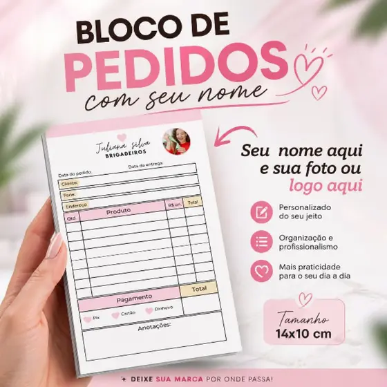 Bloco de Pedidos Personalizado Com Seu Nome 50 Folhas Talão de Pedidos 14x10 Cm