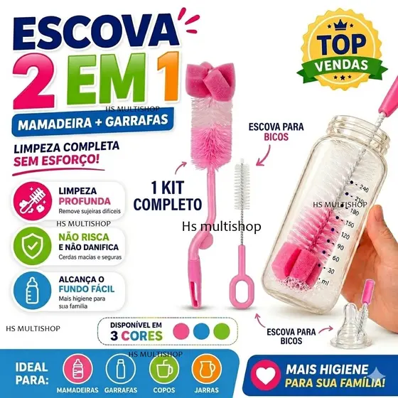 Escova com esponja 2 peças para mamadeira, garrafas, copos e jarras e bicos