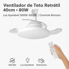 Ventilador de Teto Retrátil Viccoli 40cm 80W com Luz E27 3000K–6500K Controle Remoto Silencioso