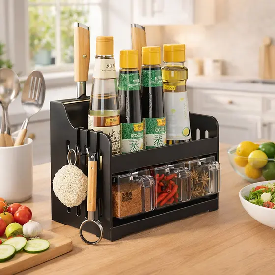 Porta Condimentos Rack de Metal Preto com Compartimentos em Acrílico para Cozinha