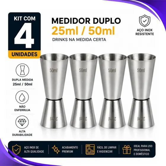 Kit 4 0u 2- Dosador de Bebida Duplo para Drink Inox 25ml e 50ml Bar Drinks Bebidas Barman Mixologia