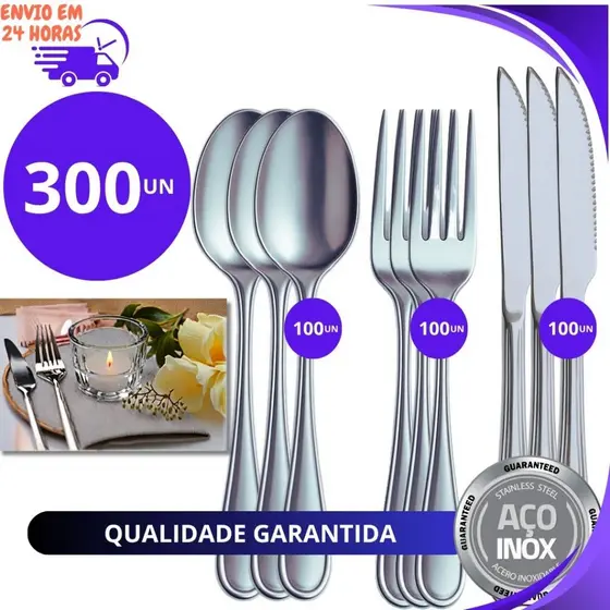 Jogo 300 ou 150 Peças de Talheres Aço Inox 100 Facas 100 Colheres 100 Garfos de Mesa Casa Para Cozinha
