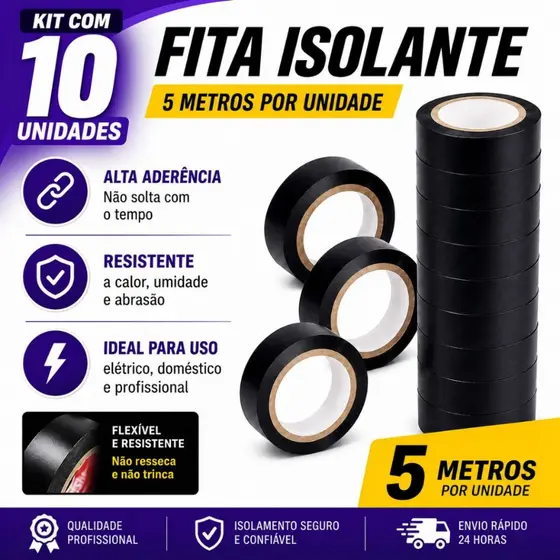 Kit 10 ou 05 Unidades Rolo Fita Isolante Preta Pvc Antichamas Adesiva 5mts eletrica carro casa geral
