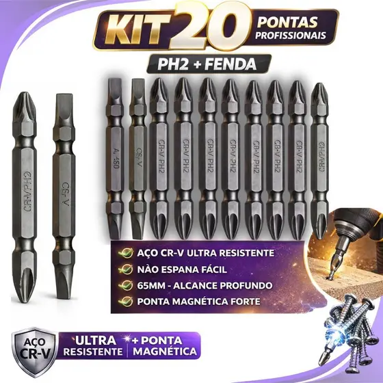 Kits 20 ou 10 Ponteiras Magnético Parafusadeira Com 10 Bit Ponta Dupla