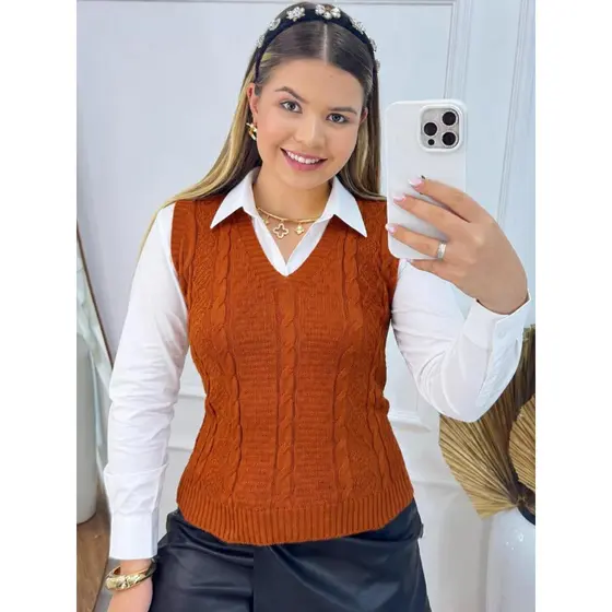 Blusa Regata Feminina Estilosa Colete Feminino VALENTINA Gola V Tranças Tricot Chic Elegante Moda