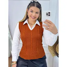 Colete Regata Feminina Estilosa  Feminino VALENTINA Gola V Tranças Tricot Chic Elegante Moda Blusa