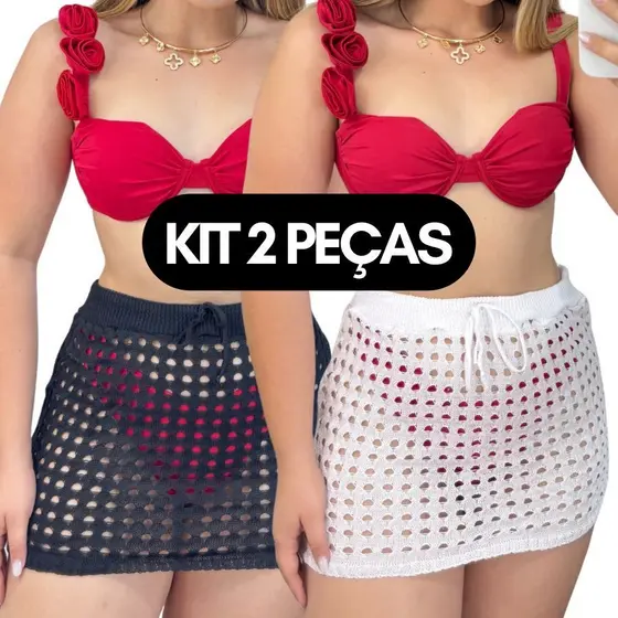KIT 2 Saias CURTA Tricot Furadinha  – Saída de Praia Feminina Estilo Verão / Mini Saia Tricô