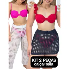 KIT SAIA+CALÇA Tricot Furadinha  – Saída de Praia Feminina Estilo Verão / Mini Saia Tricô Pantalona