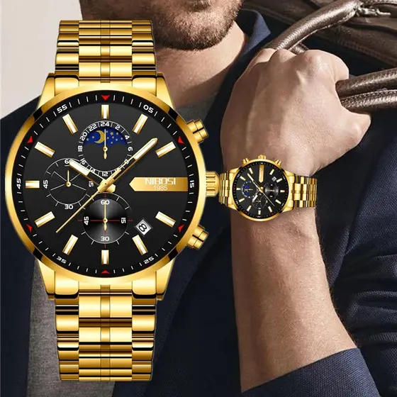 NIBOSI Golden Men Relógios Relógios Masculinos de Marca de Luxo Relógio de Pulso Masculino Moda Casual Relógios Militares de Quartzo