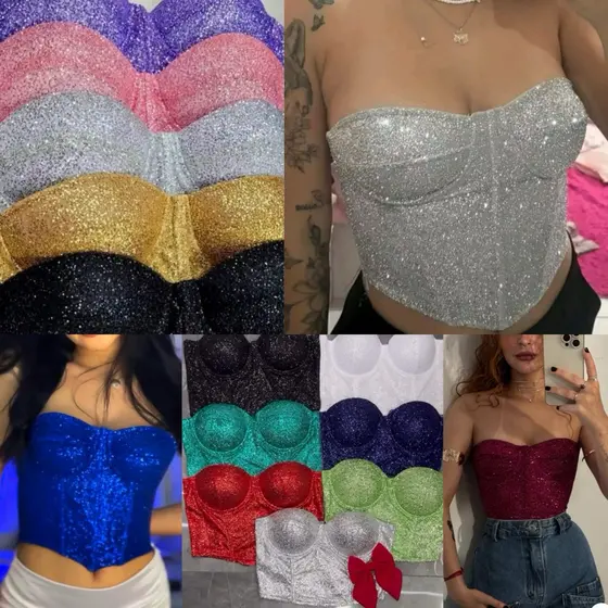 Cropped Corset Corselet Brilho Luxo Moda Blogueira Feminina corsele ano novo  dourado natal moda blogueira balada gringa