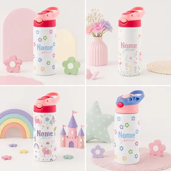 Garrafa Térmica Infantil Personalizada 350ml | Nome e Sobrenome | Estampas Variadas