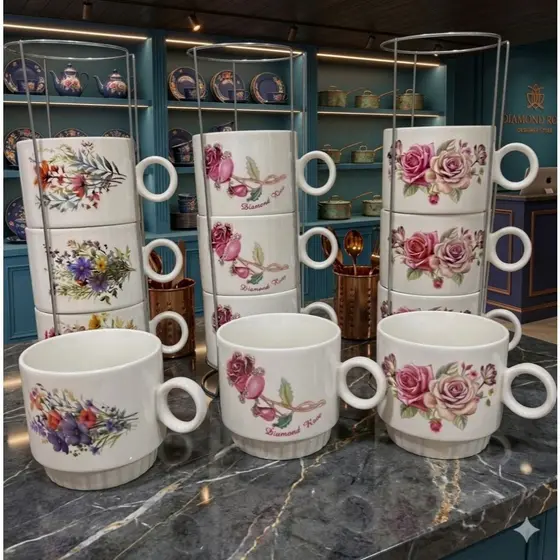 Jogo de Xícaras 4 Peças Porcelana Com Suporte Cromado - Estampa Aleatórias