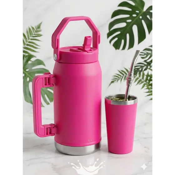Garrafa Térmica 2L Dupla Alça + Copo 150ml e Bomba Inox Premium