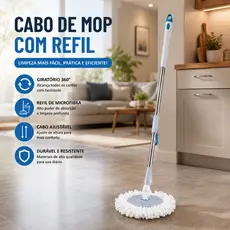 Cabo + refil de Mop Giratório limpeza Completo Substituição Fácil Compatível Uso Diário Faxina Rápida