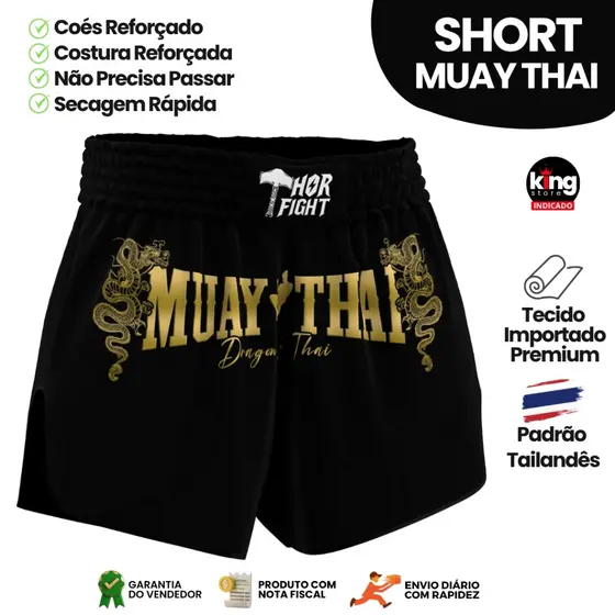 Short Muay Thai Dragon Thai Dourado Unissex Premium Padr茫o Tailand锚s Alta Qualidade Treino Luta