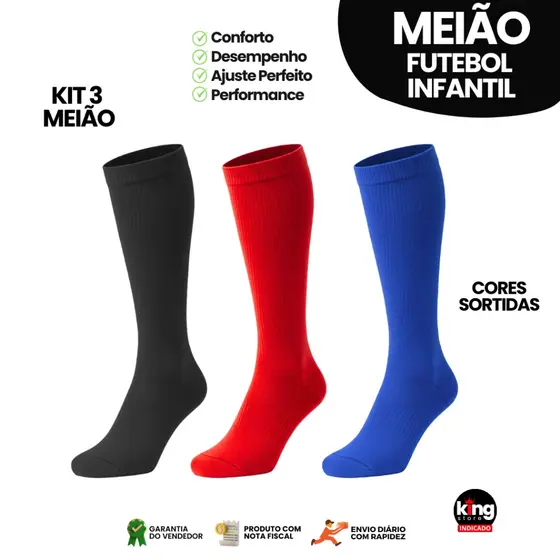 Kit 3 Pares de Meião Cores Sortidos de Futebol Profissional Infantil Tamanho 31 ao 34 Qualidade Premium Várias Cores