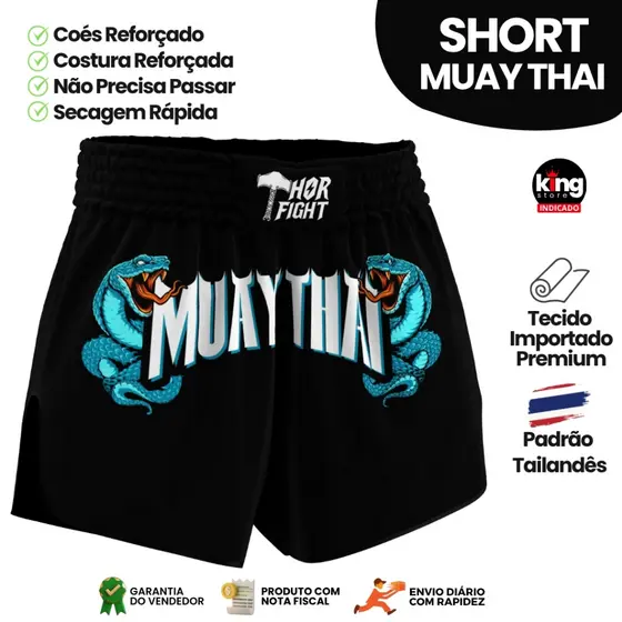 Short Muay Thai Dragon Thai Blue Snake Unissex Premium Padr茫o Tailand锚s Alta Qualidade Treino Luta