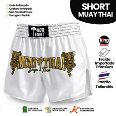 Short Muay Thai Dragon Thai Branco com Dourado Unissex Premium Padrão Tailandês Alta Qualidade Treino Luta