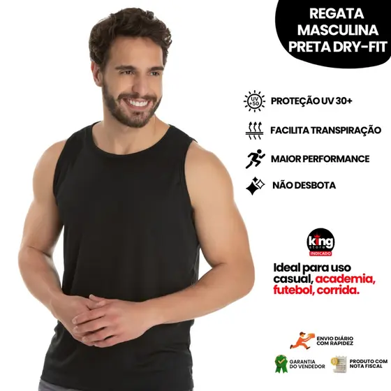 Kit com 1 ou 2 Regatas Dry Fit Preta Masculina de Treino Proteção UV 30+ Academia Furadinha Alta Qualidade Envio Rápido