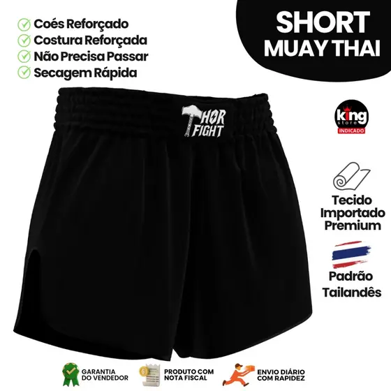 Short Muay Thai Preto Liso Unissex Premium Padr茫o Tailand锚s Alta Qualidade Treino Luta