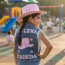 Conjunto Boiadeira Jeans Chapéu Rosa Personalizada com nome letras strass franja country