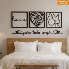 Kit 3 Quadros Love Coração Geométrico Amor + Frase Para Todo Sempre Dois Corações  Decorativo Mdf