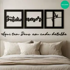 Kit 3 Quadros Decorativos Quarto Amor Fé Gratidão + Frases Variadas Cabeceira Parede Sala