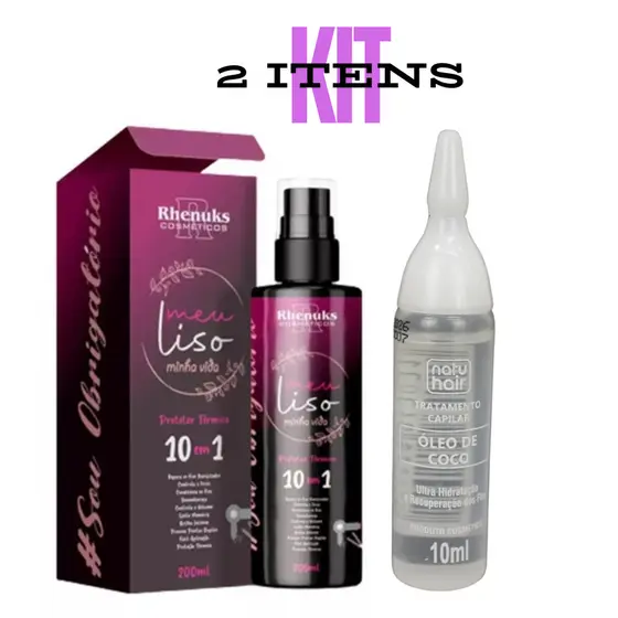 Kit Spray Protetor Térmico 10 em 1 Capilar Meu Liso Minha Vida 200ml  + Ampola de Tratamento Capilar Óleo de Coco 10ml