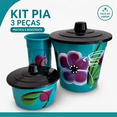 Kit Pia Decorado 3 Peças Plástico Resistente - Porta detergente, Lixeira e porta esponja