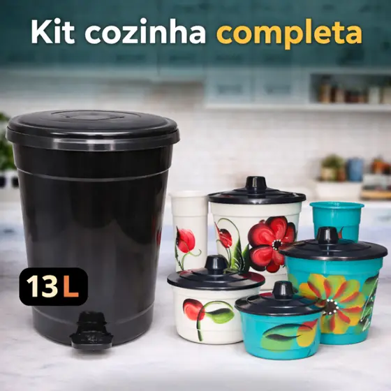Kit Cozinha Completa Decorado Premium 4 peças |  2 Lixeiras + Porta detergente + porta esponja ou sabão em barras