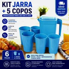 KIT Jarra 1,8 Litros + 5 Copos 300ml de plástico – Prático, Resistente e Colorido - Lanches, passeio