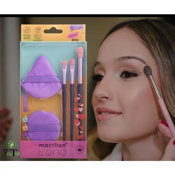 Pinceis de Maquiagem Macrilan - Kit MT03 – 3 Pincéis e 2 Esponjas | Macrilan