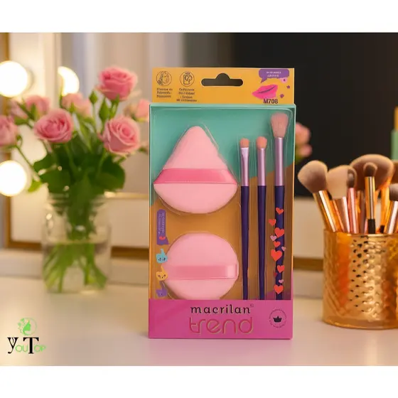 Pincel de Maquiagem Macrilan - Kit MT03 – 3 Pincéis e 2 Esponjas | Macrilan