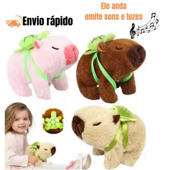 Capivara Filó Pelúcia Antialérgica com Mochila Tartaruga para menino e menina Rosa